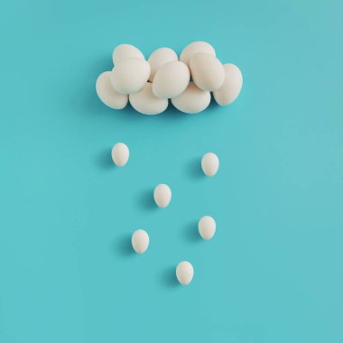 Bulut ve yağmurun mavi arka plandaki paskalya yumurtalarından yapıldığı yaratıcı bir kompozisyon. Minimum doğu konsepti. Yaratıcı sanat, asgari estetik. Düz yatıyordu.