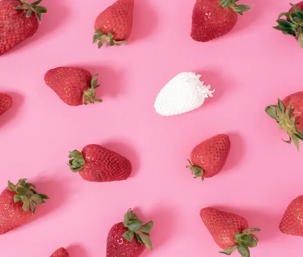 在许多红色草莓中 有独特的白色草莓花纹 衬托着粉红的背景 最小的夏季有机水果几何布局 创新的个性和差异概念 平躺在床上 — 图库照片