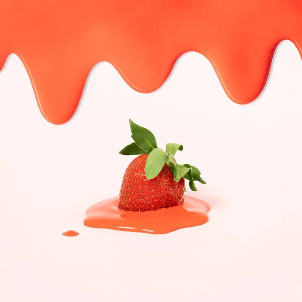 粉红底色单颗草莓和红色融化霜的新鲜平铺构图 — 图库照片
