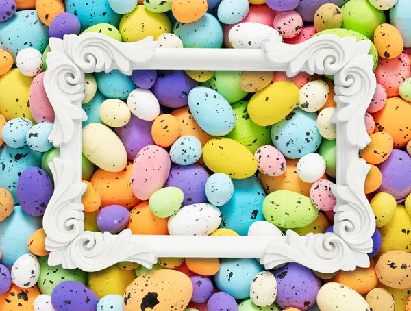 Creative Layout Made Colorful Easter Eggs Minimal Easter Background Spring — Stock fotografie