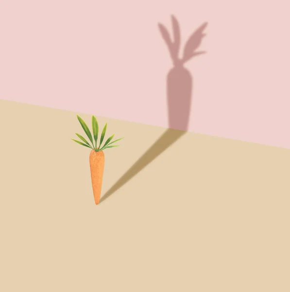 Pastel pembe ve sarı arka planda yaratıcı gölgesi olan havuç. Mutlu Paskalyalar. Asgari Paskalya tatili konsepti. Bahar tatili kutlaması tebrik kartı ya da fikir.