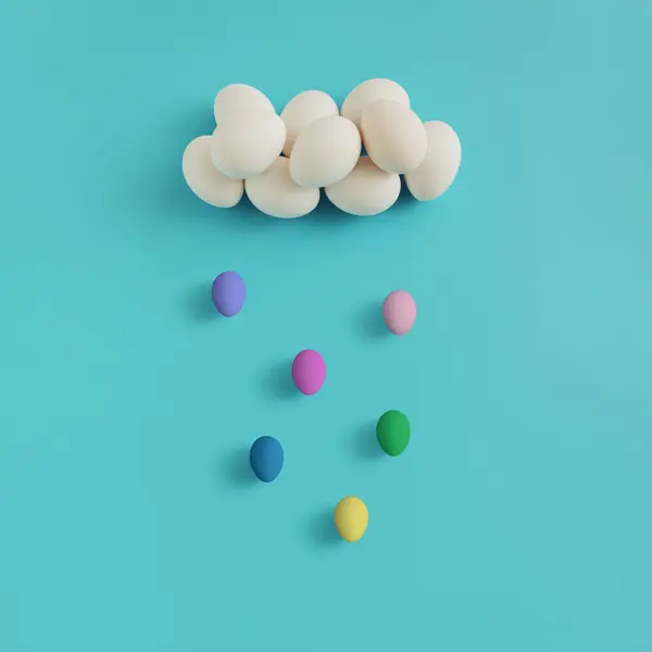 Bulut ve yağmurun mavi arka plandaki paskalya yumurtalarından yapıldığı yaratıcı bir kompozisyon. Minimum doğu konsepti. Yaratıcı sanat, asgari estetik. Düz yatıyordu.