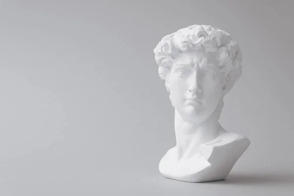 Gypsum statue of David\'s head. Michelangelo\'s David statue plaster copy isolated on white background. Minimal concept of Ancient greek sculpture, statue of hero