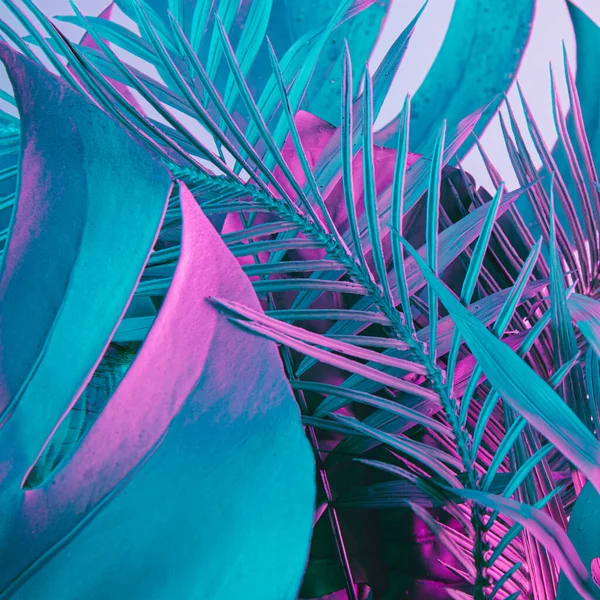 Trendy composition made with of tropical and palm leaves in vibrant bold gradient holographic neon colors. Creative art, minimal aesthetics, surrealism background.