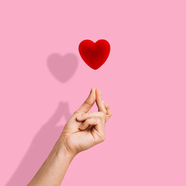 Trendy composition made of Korean love sign, Finger Snapping on pink background. Minimal concept of Valentine\'s Day or love. Korea finger heart. Creative art, minimal aesthetics.