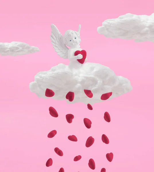 Composição Amor Feita Figura Anjo Branco Com Corações Vermelhos Nuvens — Fotografia de Stock
