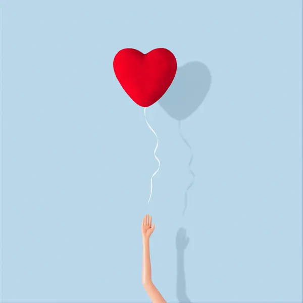 Trendy love composition made of Doll hand with heart shaped balloon on pastel blue background. Minimal concept of Valentine\'s Day or love. Creative art, minimal aesthetics. Top view. Flat lay