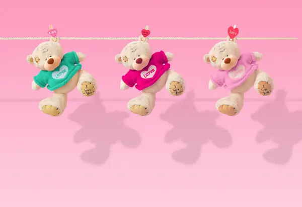 Composição Criativa Feita Três Ursos Pelúcia Fundo Rosa Pastel Conceito — Fotografia de Stock