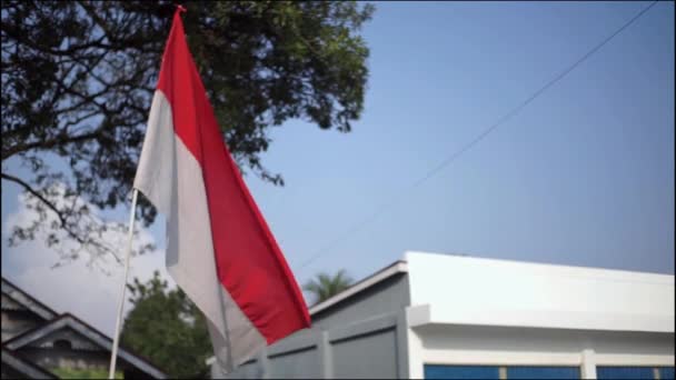 Die Rot Weiße Flagge Indonesiens Die Straßenrand Flattert Indonesiens Unabhängigkeitstag — Stockvideo