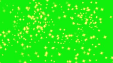 Yeşil ekran arka planına altın ışık küresi yağıyor. parlak parıldayan yıldızlar.