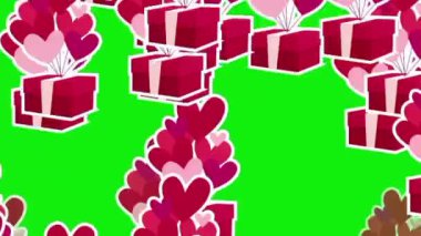 Yeşil ekranda hediye kutusu taşıyan uçan kalpler. kırmızı hediyeler.