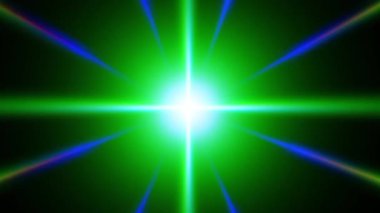 Mavi ışık demetleri siyah bir arkaplanda beliriyor ve kayboluyor. Optik mercek parlamasının etkisi.