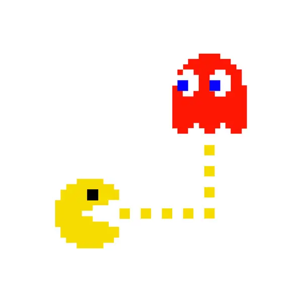 Renkli Hayaletlerle Piksel Pac-Man seti. Parlak renklere sahip Retro Pac Man oyun karakterleri.