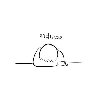 Başı eğik bir adam. çizgi sanatı. Üzüntü karikatürü çizimi.