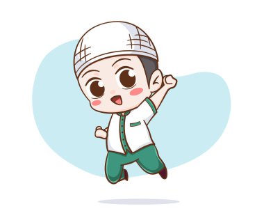 Cute muslim boy jumping happily cartoon character