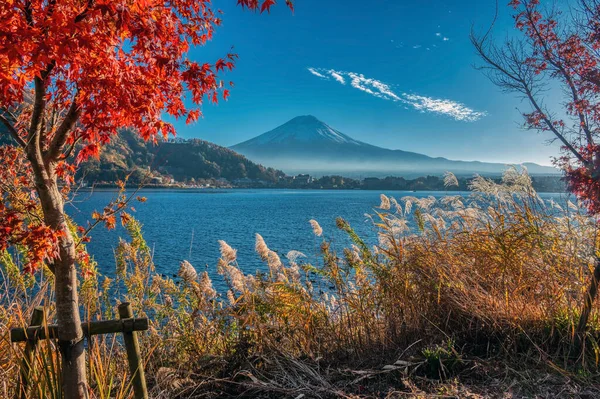 Öğleden sonra Kawaguchi Gölü 'nde Fuji Dağı' yla birlikte. Sonbaharda Yamanashi ilinin Fuji 5 göl bölgesi