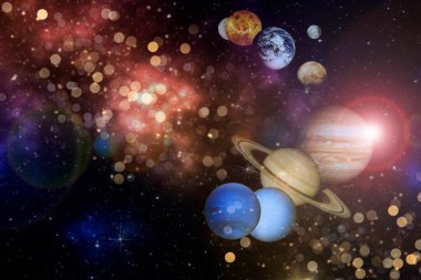 Renkli yıldızlı evrendeki gezegenler NASA tarafından desteklenen fotokopi uzay elementleriyle donatılmıştır.