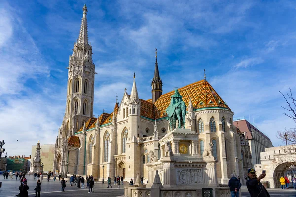 Budapest, Hungary - 01.23.2023: Beautiful Matyas templom Matthias church in Buda castle Budapest with blue sky .