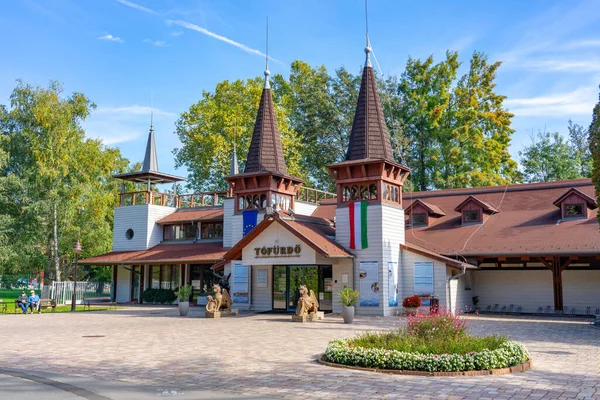 stock image Entrance of famous Heviz balneal thermal bath hot spring in Hungary with flowers .