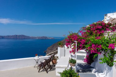 Romantik Akdeniz tatili çatısı Santorini 'de Begonvil çiçeğiyle .
