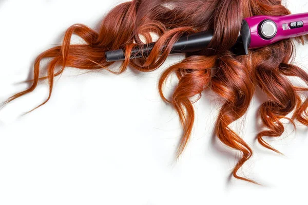 Long Red Curly Hair White Isolated Background Curling Iron — Stock Photo, Image