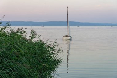 Balaton Gölü kıyısında yaz mevsiminde yelkenli gemi. .