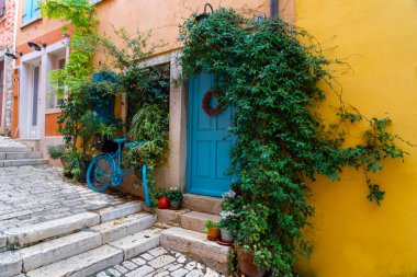 Rovinj Hırvatistan 'da şehir manzarası, sarı evler, mavi kapılar ve bisiklet dekorasyonu .