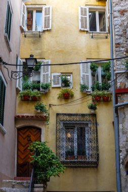 Rovinj Hırvatistan 'da pencere ve kepenkleri olan güzel renkli sarı cephe .