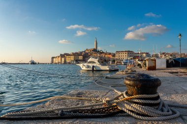 Balıkçı iskelesinden Adriyatik Denizi olan güneşli Rovinj şehrinin güzel manzarası. .