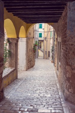 Rovinj Hırvatistan 'ın güzel caddesi, kaldırım taşlarıyla bir kemer tünelinden bakıyor. .
