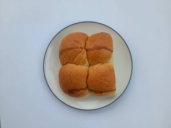 Makanan Toko Roti Piring Pandangan Atas Pada Latar Belakang Putih — Stok Foto