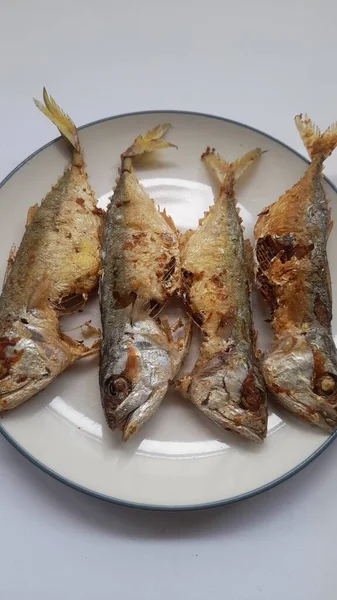 Nourriture Maquereau Frit Ikan Kembung Sur Plaque Vue Dessus Sur — Photo