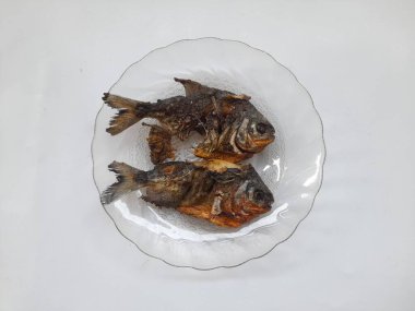 Kızarmış pomfret (Colossomam makropomum) beyaz arka planda üst tabakta. ızgara balık arka planı, yemek, diyet, kahvaltı, öğle yemeği, akşam yemeği, mutfak, sağlıklı yemek, yemek tarifi, yemek