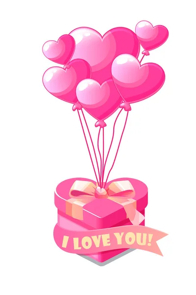 Bunch Rosa Hjärtformade Ballonger Med Presentförpackning För Alla Hjärtans Dag — Stockfoto