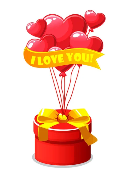 Bunch Red Heart Shaped Balloons Gift Box Valentines Day Cute —  Fotos de Stock