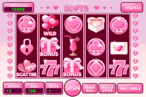 Vector Interface Slot Machine Style Valentine Complete Menu Graphical User — Archivo Imágenes Vectoriales
