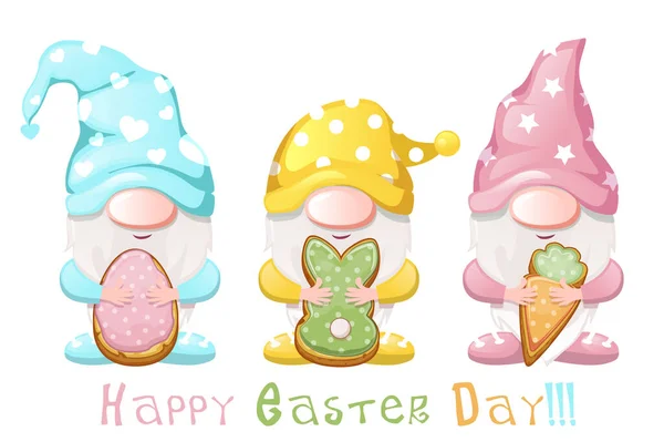 Cute cartoon gnomes with Easter cookies. Illustration postcard banner happy easter for design.