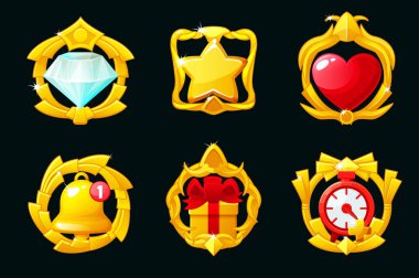 Mobile game icons set. GUI elements for mobile app in frame, vector illustration in cartoon style - heart, bell, gem, star, gift and time