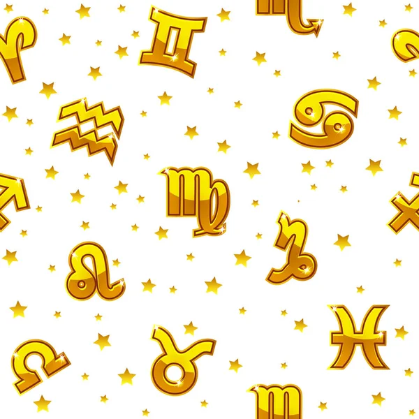 Pozadí Zlatými Znaky Zvěrokruhu Astrologie Bezešvé Vzor Znamení Zvěrokruhu Bílém — Stockový vektor