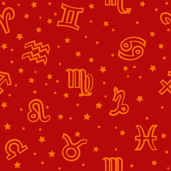 星座の印が付いている平らな背景 赤で星座のある占星術のシームレスなパターン — ストックベクタ