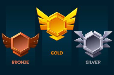 Set of game rank icons isolated. Vector bronze, silver and gold game badges buttons. Game Badges