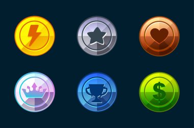 Set of game metal icons-energy, star, heart, dollar, crown and award cup.