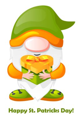St Patricks Day Irish gnome holding green gift box, Vector illustration