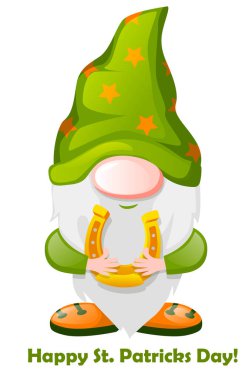 St Patricks Day Irish gnome holding horseshoe, Vector illustration