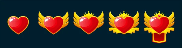 Set Game Rank Badges Level Icons Heart Ranking Awards — Stockvector