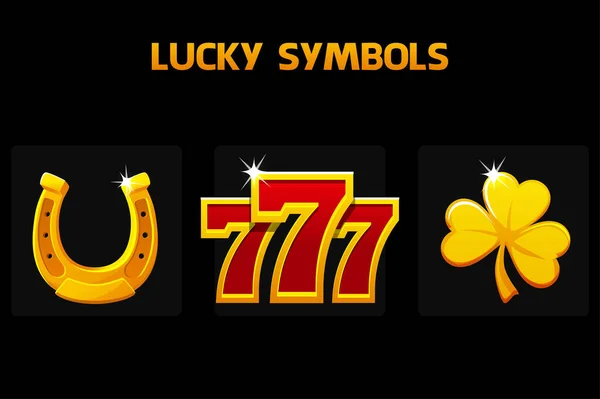 Lucky Symbolen Zeven Klaver Hoefijzer Gouden Pictogrammen Voor Slots Casino — Stockvector