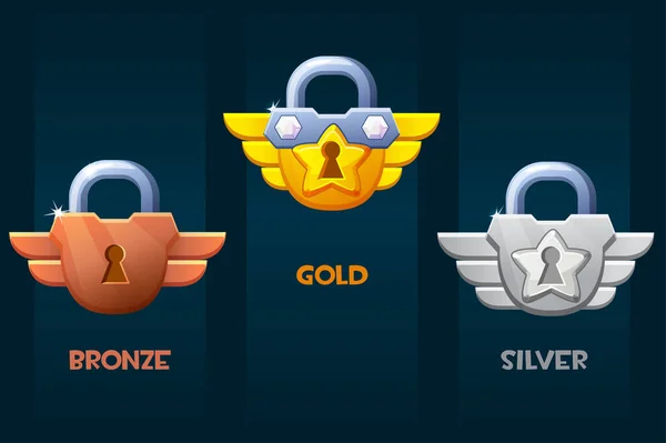 Bronze Silber Und Gold Vorhängeschloss Symbole Des Preisspiels — Stockvektor