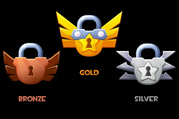 Bronzový Stříbrný Zlatý Visací Zámek Symbol Úrovně Oceněné Ikony Hry — Stockový vektor
