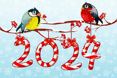 Greeting card or poster Happy New Year 2024 with candy. Cartoon bird tit and bullfinch on branch 2024. Vector illustration festive card with cute sweets