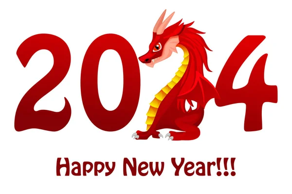 Chinese Happy New Year 2024 Cute Dragon Greeting Card Red — Stock Vector